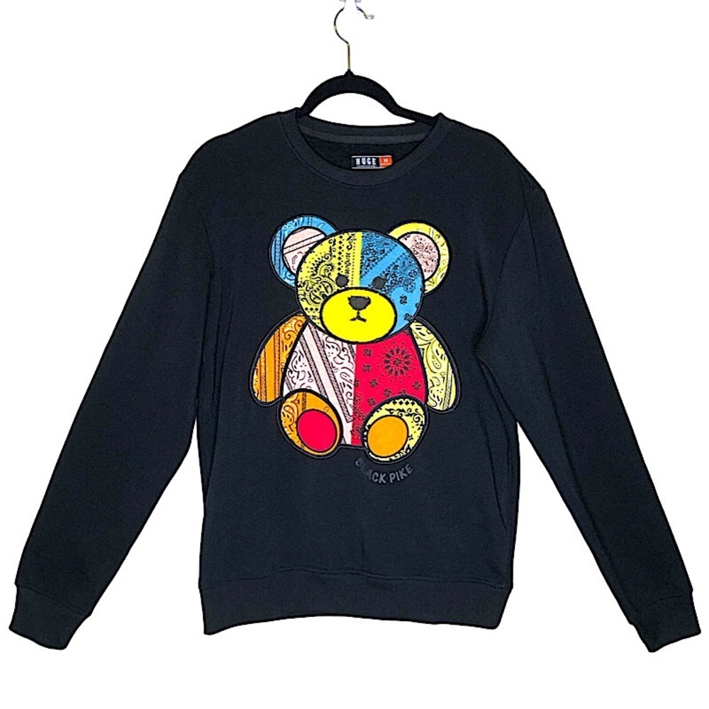 Huge Black Pike Bear Patch Huge Paisley Chenille Crewneck Black 90’s Y2K Urban
